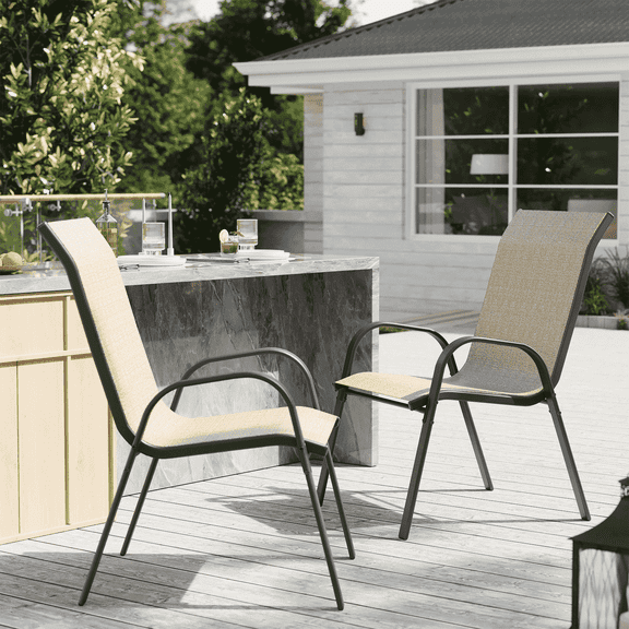 ELPOSUN Patio Chairs Set of 2, Outdoor Stackable Dining Chairs for All Weather, Breathable Garden Outdoor Furniture for Backyard Deck,Khaki