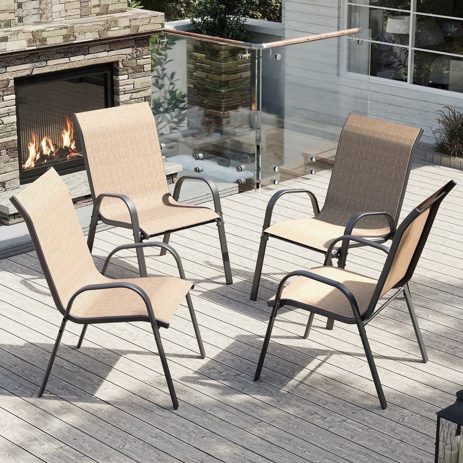 ELPOSUN Patio Chairs Set of 4, Outdoor Stackable Dining Chairs for All Weather, Breathable Garden Outdoor Furniture for Backyard Deck,Khaki
