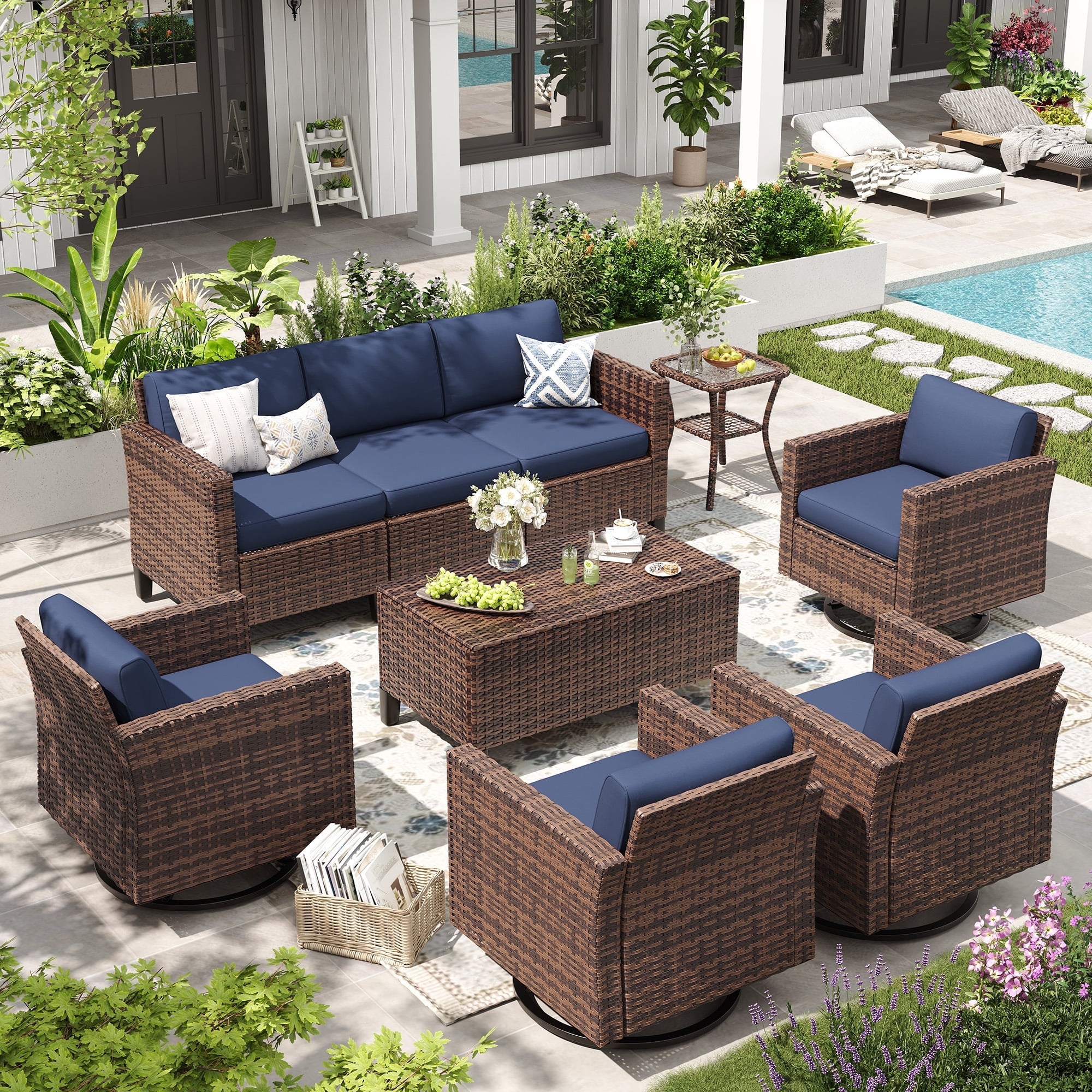 ELPOSUN Patio Furniture 10 Peces Wicker Outdoor Sectional Sofa Sets, Rattan Conversation Set with Storage Table, Swivel Chairs for Backyard, Pool, Navy（Include Waterproof Covers ）
