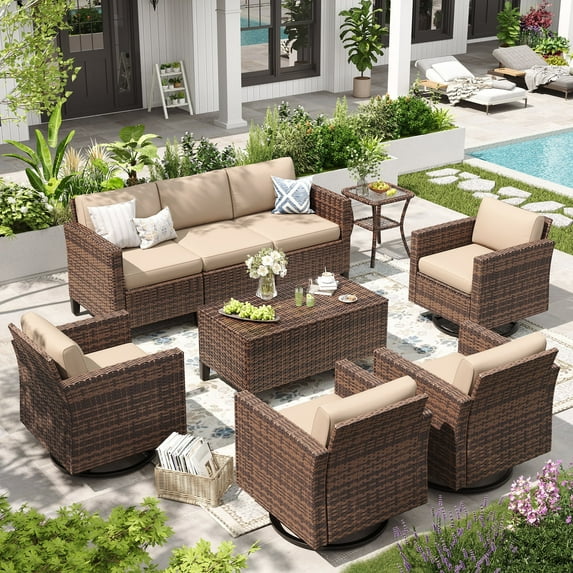 ELPOSUN 10-Piece Wicker Rattan Outdoor Sectional Sofa Set with Storage Table and Swivel Chairs, Beige