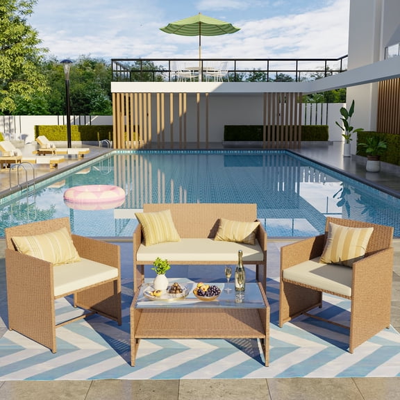 ELPOSUN Patio Furniture 4 Pieces Outdoor Wicker Rattan Chair Balcony Conversation Sets Porch Furniture Sectional Loveseat w Cushions and Table for Backyard Pool Garden (Beige)