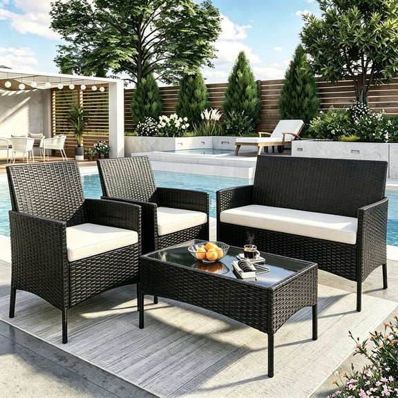ELPOSUN Patio Furniture 4 Pieces Outdoor Wicker Rattan Chair Balcony Conversation Sets Porch Furniture Sectional Loveseat w Cushions and Table for Backyard Pool Garden (Black-Beige)