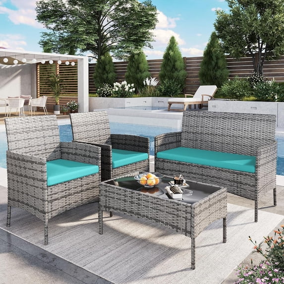 ELPOSUN Patio Furniture 4 Pieces Outdoor Wicker Rattan Chair Balcony Conversation Sets Porch Furniture Sectional Loveseat w Cushions and Table for Backyard Pool Garden (Grey-Turquoise)