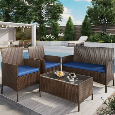 ELPOSUN Patio Furniture 4 Pieces Outdoor Wicker Rattan Chair Balcony Conversation Sets Porch Furniture Sectional Loveseat w Cushions and Table for Backyard Pool Garden (Brown-Blue)