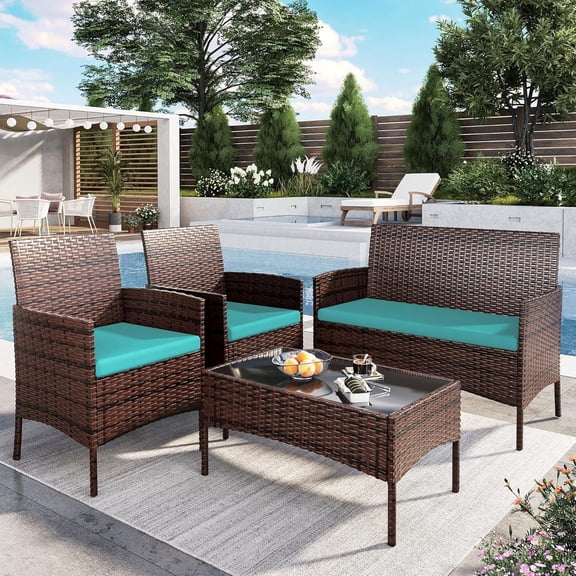 ELPOSUN Patio Furniture 4 Pieces Outdoor Wicker Rattan Chair Balcony Conversation Sets Porch Furniture Sectional Loveseat w Cushions and Table for Backyard Pool Garden (Grey-Turquoise)