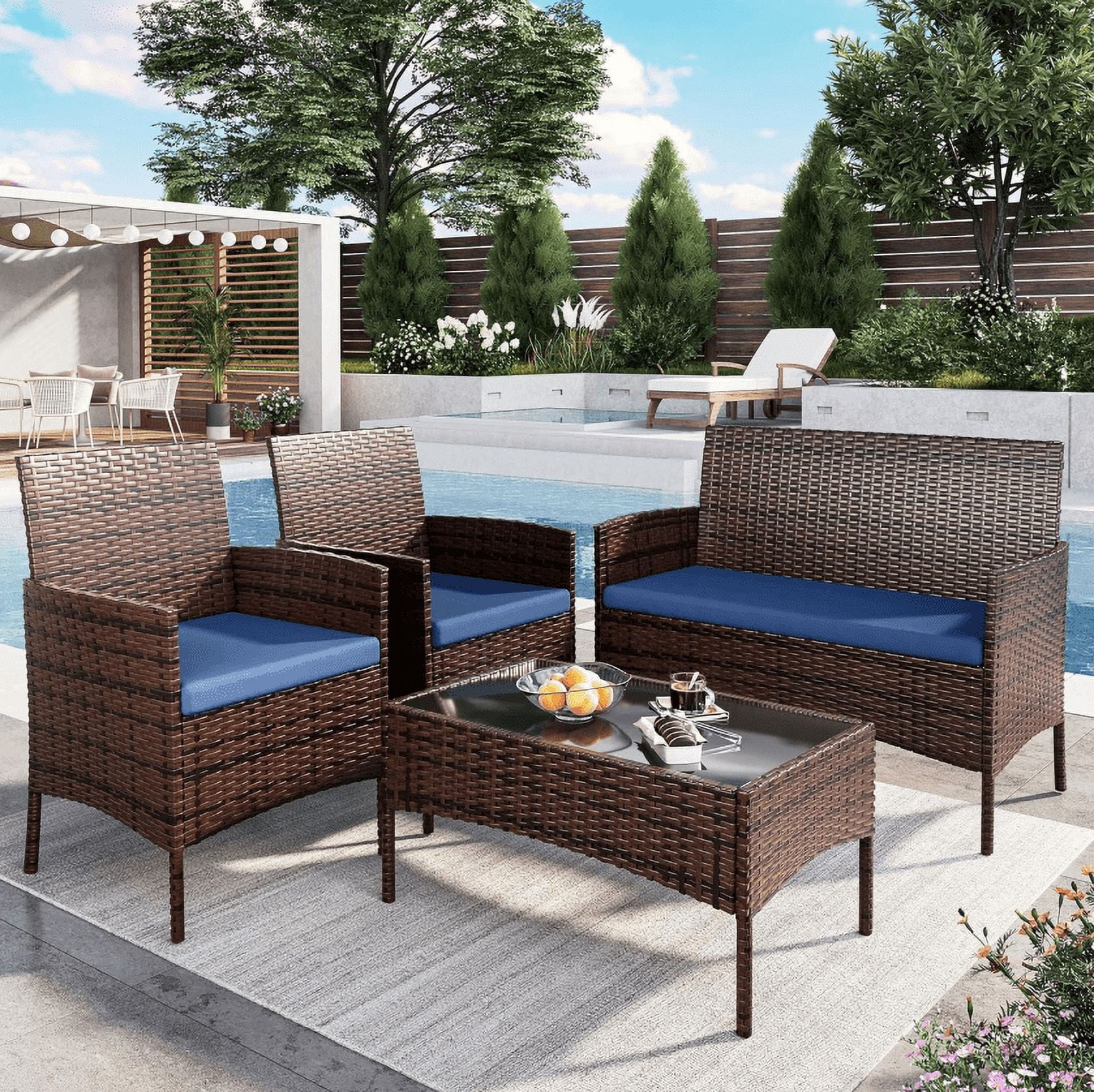 Walmart Deal of ELPOSUN 4pc Rattan Patio Furniture for Backyard & Pool | Loveseat w/ Cushions, Table - Brown-Blue
