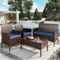 ELPOSUN Patio Furniture 4 Pieces Outdoor Wicker Rattan Chair Balcony Conversation Sets Porch Furniture Sectional Loveseat w Cushions and Table for Backyard Pool Garden (Brown-Blue)