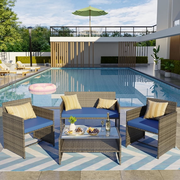 ELPOSUN Patio Furniture 4 Pieces Outdoor Wicker Rattan Chair Balcony Conversation Sets Porch Furniture Sectional Loveseat w Cushions and Table for Backyard Pool Garden (Grey-Blue)