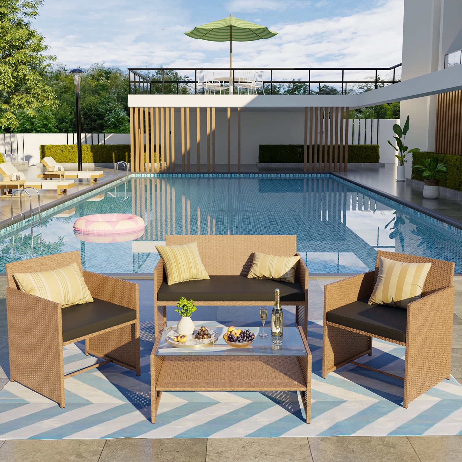 ELPOSUN Patio Furniture 4 Pieces Outdoor Wicker Rattan Chair Balcony Conversation Sets Porch Furniture Sectional Loveseat w Cushions and Table for Backyard Pool Garden (Black)