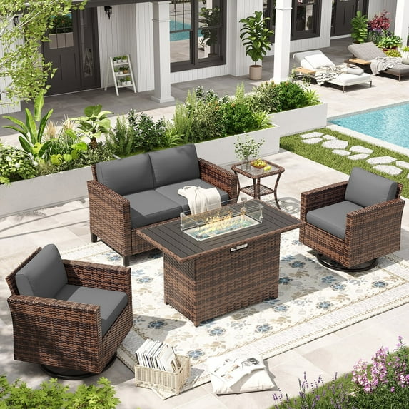 ELPOSUN Patio Furniture 6 Pieces Wicker Outdoor Sectional Sofa Sets, Rattan Conversation Set with Fire Pit Table, Swivel Chairs for Backyard, Pool, Beige/Navy Blue/Grey(Include Waterproof Covers )