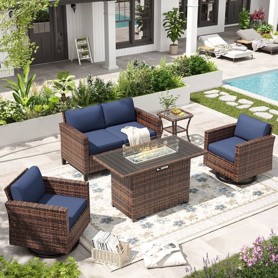 ELPOSUN 6-Piece Wicker Outdoor Patio Furniture Set with Fire Pit Table & Swivel Chairs in Beige, Navy Blue, Grey