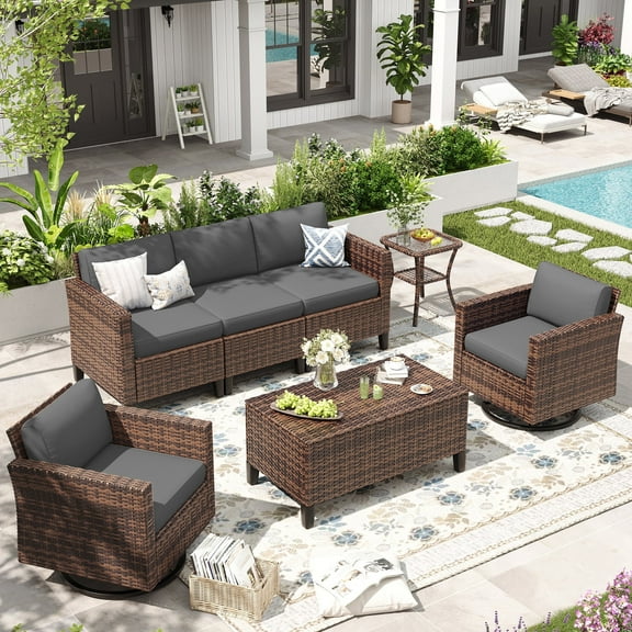 ELPOSUN 7-Piece Wicker Patio Furniture Set, Rattan Sectional Sofa, Storage Table, Swivel Chairs, Waterproof Covers