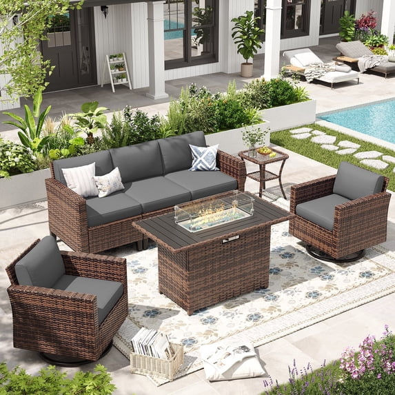 ELPOSUN Patio Furniture 7 Pieces Wicker Outdoor Sectional Sofa Sets, Rattan Conversation Set with Fire Pit Table, Swivel Chairs for Backyard, Pool, Beige/Navy Blue/Grey(Include Waterproof Covers )