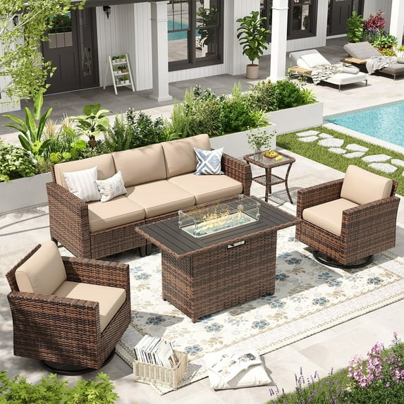 ELPOSUN Patio Furniture 7 Pieces Wicker Outdoor Sectional Sofa Sets, Rattan Conversation Set with Fire Pit Table, Swivel Chairs for Backyard, Pool, Beige/Navy Blue/Grey(Include Waterproof Covers )