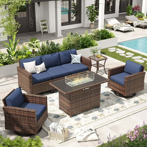 ELPOSUN Patio Furniture 7 Pieces Wicker Outdoor Sectional Sofa Sets, Rattan Conversation Set with Fire Pit Table, Swivel Chairs for Backyard, Pool, Beige/Navy Blue/GreyInclude Waterproof Covers 