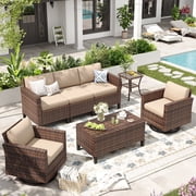 ELPOSUN 7-Piece Rattan Outdoor Patio Furniture Set with Swivel Chairs and Storage Table, Beige