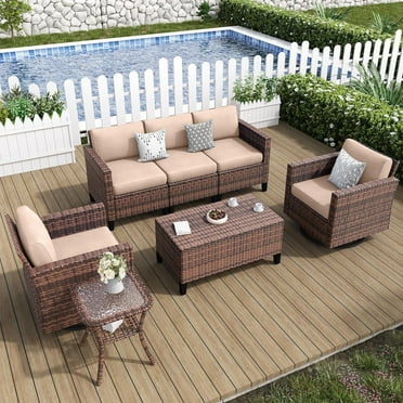 ELPOSUN  Patio Furniture 7 Pieces Wicker Outdoor Sectional Sofa Sets, Rattan Conversation Set with Storage Table, Swivel Chairs for Backyard, Pool, Beige（Include Waterproof Covers ）