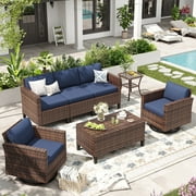 ELPOSUN Patio Furniture 7 Pieces Wicker Outdoor Sectional Sofa Sets, Rattan Conversation Set with Storage Table, Swivel Chairs for Backyard, Pool, Navy（Include Waterproof Covers ）