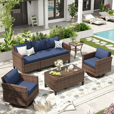 ELPOSUN  Patio Furniture 7 Pieces Wicker Outdoor Sectional Sofa Sets, Rattan Conversation Set with Storage Table, Swivel Chairs for Backyard, Pool, Navy（Include Waterproof Covers ）