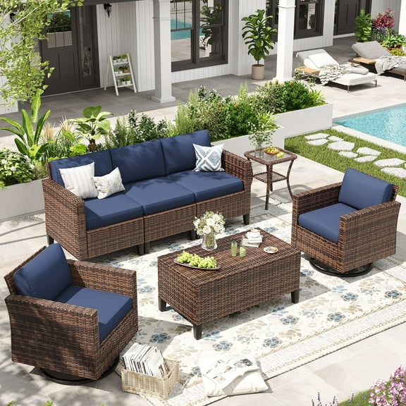 ELPOSUN Patio Furniture 7 Pieces Wicker Outdoor Sectional Sofa Sets, Rattan Conversation Set with Storage Table, Swivel Chairs for Backyard, Pool, Navy（Include Waterproof Covers ）