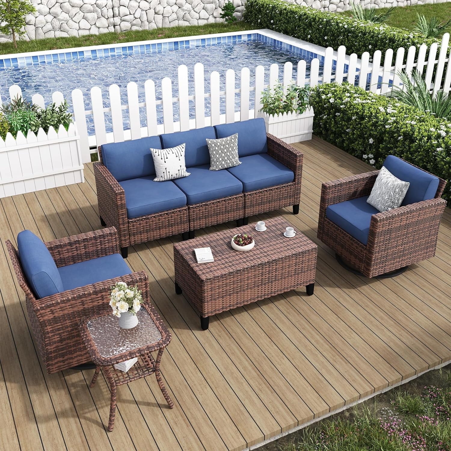 Walmart Deal of ELPOSUN  Patio Furniture 7 Pieces Wicker Outdoor Sectional Sofa Sets, Rattan Conversation Set with Storage Table, Swivel Chairs for Backyard, Pool, Navy（Include Waterproof Covers ）