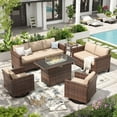 thumbnail image 1 of ELPOSUN Patio Furniture 9 Pieces Wicker Outdoor Sectional Sofa Sets, Rattan Conversation Set with Fire Pit Table, Swivel Chairs for Backyard, Pool, Beige/Navy Blue/Grey（Include Waterproof Covers ）, 1 of 7