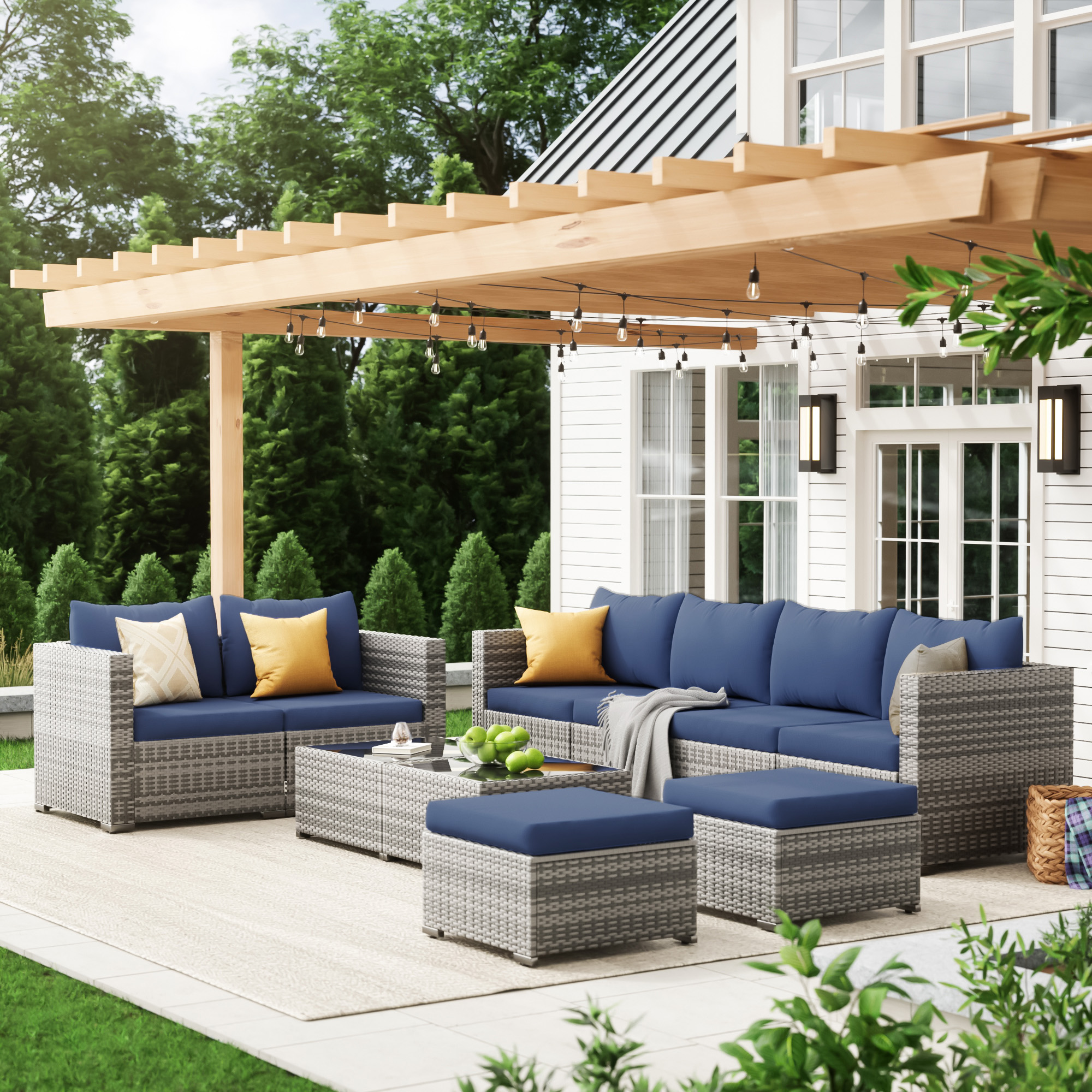 ELPOSUN 10 Piece Patio Furniture Set, Outdoor Patio Conversation Rattan Chair with Ottomans w/Storage Coffee Table for Pati ,Navy