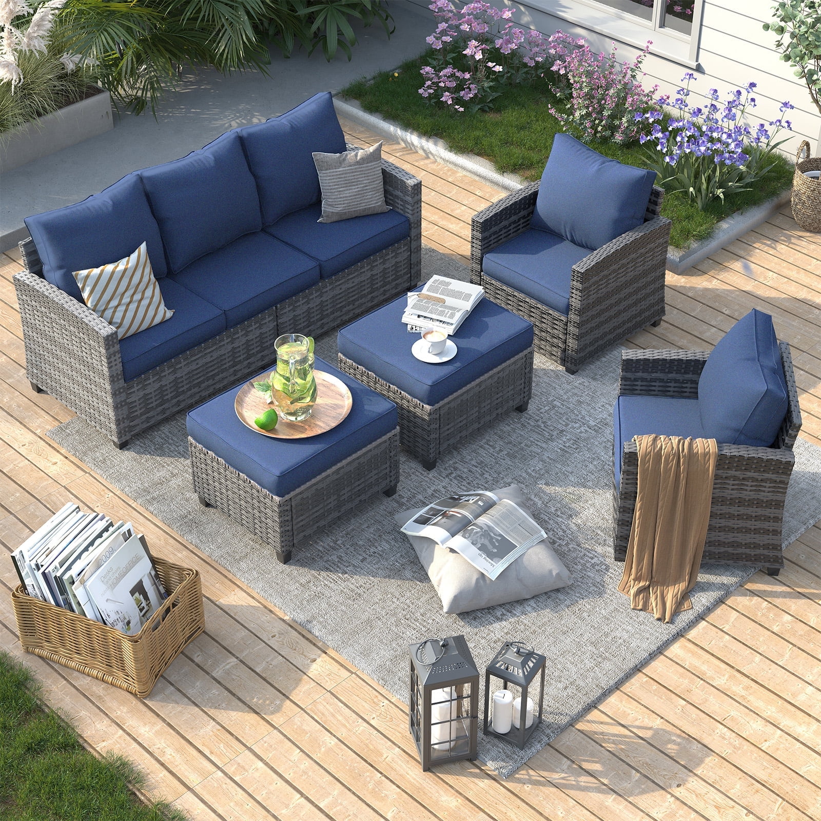 Walmart Black Friday Deals 2025 - ELPOSUN Patio Furniture Set, 5 Pieces Outdoor Patio Sectional Sofa Set, All-Weather Wicker Rattan Outdoor Conversation Set with Ottoman for Poolside, Backyard, Gray Wicker Navy Blue Cushions