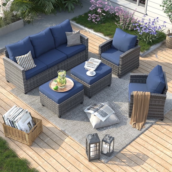 ELPOSUN Patio Furniture Set, 5 Pieces Outdoor Patio Sectional Sofa Set, All-Weather Wicker Rattan Outdoor Conversation Set with Ottoman for Poolside, Backyard, Gray Wicker Navy Blue Cushions