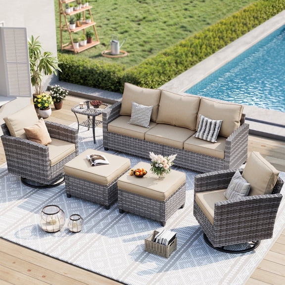 ELPOSUN Patio Furniture Set, 6 Pieces Outdoor Patio Set, All-Weather Wicker Rattan Outdoor Furniture Set with Swivel Chairs for Poolside, Backyard, Gray Wicker Khaki Cushions