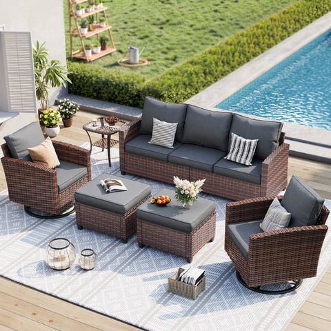 ELPOSUN Patio Furniture Set, 6 Pieces Outdoor Patio Set, All-Weather Wicker Rattan Outdoor Furniture Set with Swivel Chairs for Poolside, Backyard, Brown Wicker Grey Cushions