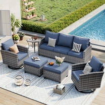 ELPOSUN Patio Furniture Set, 6 Pieces Outdoor Patio Set, All-Weather Wicker Rattan Outdoor Furniture Set with Swivel Chairs for Poolside, Backyard, Gray Wicker Navy Blue Cushions