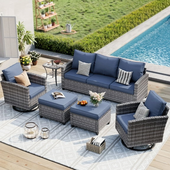 ELPOSUN Patio Furniture Set, 6 Pieces Outdoor Patio Set, All-Weather Wicker Rattan Outdoor Furniture Set with Swivel Chairs for Poolside, Backyard, Gray Wicker Navy Blue Cushions