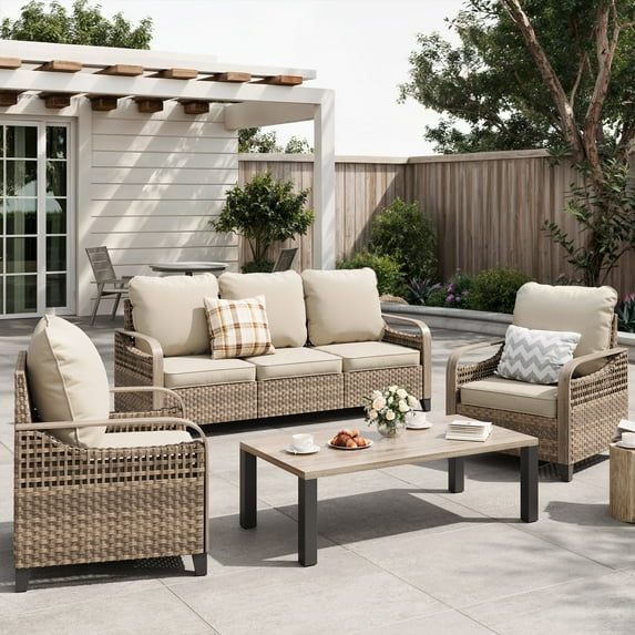 ELPOSUN 4 Pieces Outdoor Furniture Set ,5-Seat Wicker Patio Conversation Set with Thickened Cushions,Outdoor Sectional Chair Sofa Set for Yard Garden Porch