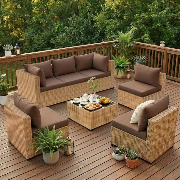 ELPOSUN Patio Furniture Set, 7-Piece Patio Furniture Set with Coffee Table & Waterproof Covers, All-Weather Wicker Outdoor Sectional for Backyard Balcony, Gray