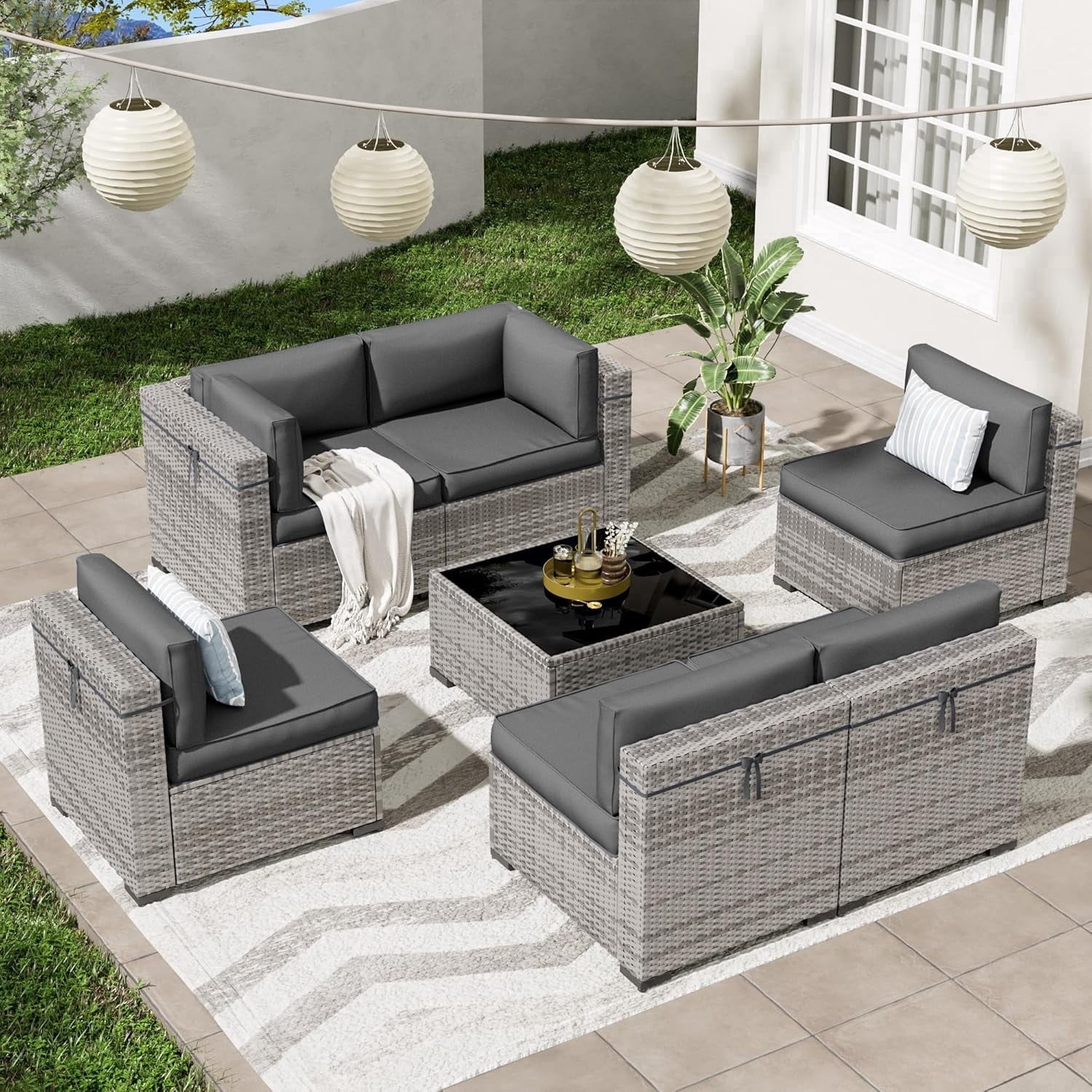 ELPOSUN Patio Furniture Set, 7-Piece Patio Furniture Set with Coffee Table & Waterproof Covers, All-Weather Wicker Outdoor Sectional for Backyard Balcony, Gray