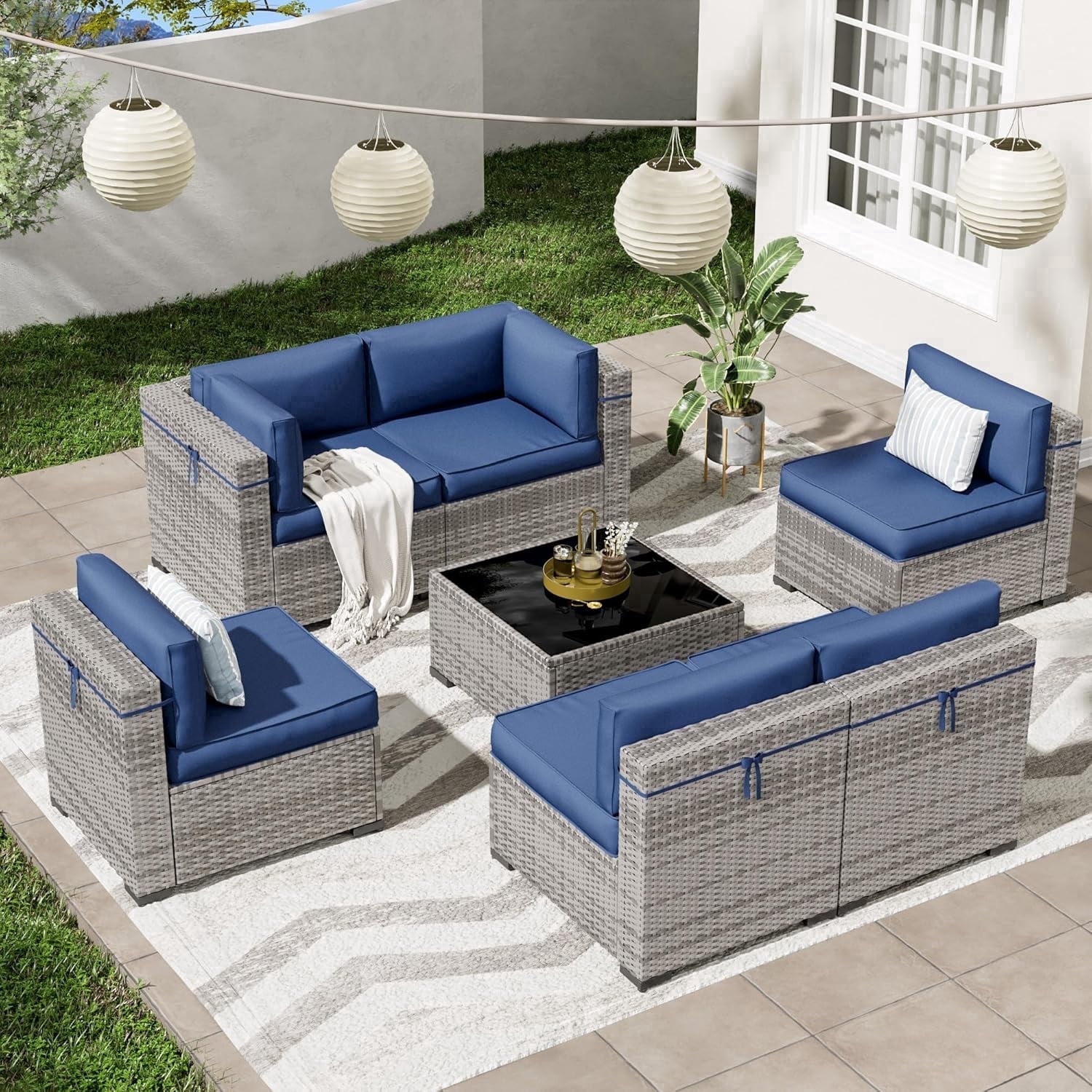 ELPOSUN Patio Furniture Set, 7-Piece Patio Furniture Set with Coffee Table & Waterproof Covers, All-Weather Wicker Outdoor Sectional for Backyard Balcony, Navy