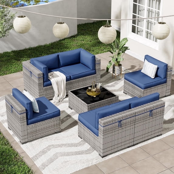 ELPOSUN Patio Furniture Set, 7-Piece Patio Furniture Set with Coffee Table & Waterproof Covers, All-Weather Wicker Outdoor Sectional for Backyard Balcony, Navy