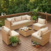 ELPOSUN Patio Furniture Set, 7-Piece Patio Furniture Set with Coffee Table, All-Weather Wicker Outdoor Sectional for Backyard Balcony, Beige