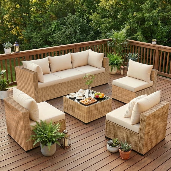 ELPOSUN Patio Furniture Set, 7-Piece Patio Furniture Set with Coffee Table, All-Weather Wicker Outdoor Sectional for Backyard Balcony, Beige