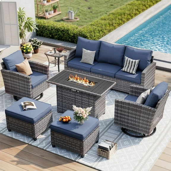 ELPOSUN Patio Furniture Set, 7 Pieces Outdoor Patio Set, All-Weather Wicker Rattan Outdoor Furniture Set with Fire Pit Table & Swivel Chairs for Poolside, Backyard, Navy Blue
