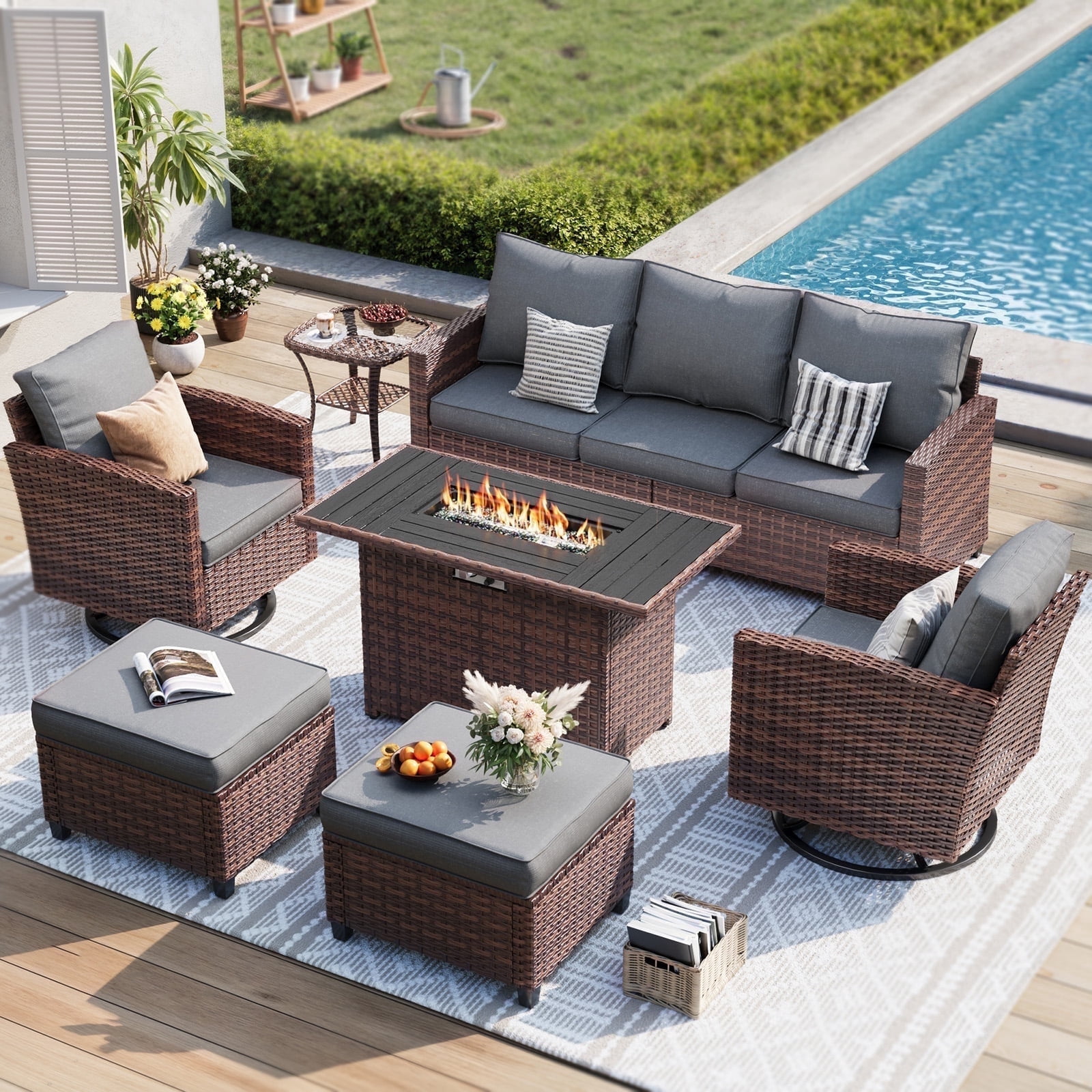 ELPOSUN Patio Furniture Set, 7 Pieces Outdoor Patio Set, All-Weather Wicker Rattan Outdoor Furniture Set with Fire Pit Table & Swivel Chairs for Poolside, Backyard,Grey