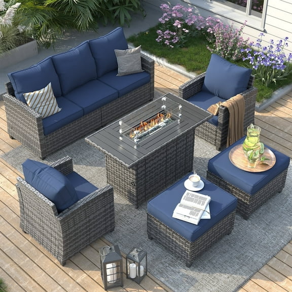 ELPOSUN Patio Furniture Set with Fire Pit Table, 6 Pieces Outdoor Patio Sofa Set with Fire Pit Table, Wicker Rattan Outdoor Conversation Set with Ottoman for Poolside, Backyard, Gray Rattan Navy Blue