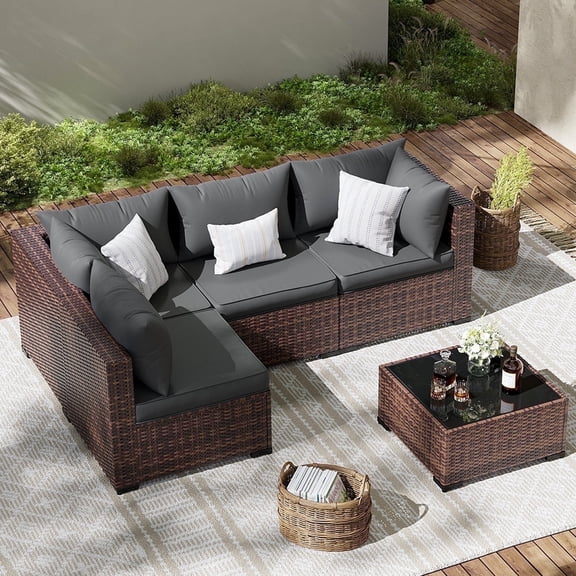 ELPOSUN Wicker Patio Furniture Set Outdoor Sectional Sofa with Cushions Water-Resistant Sun-Proof Balcony Garden Table