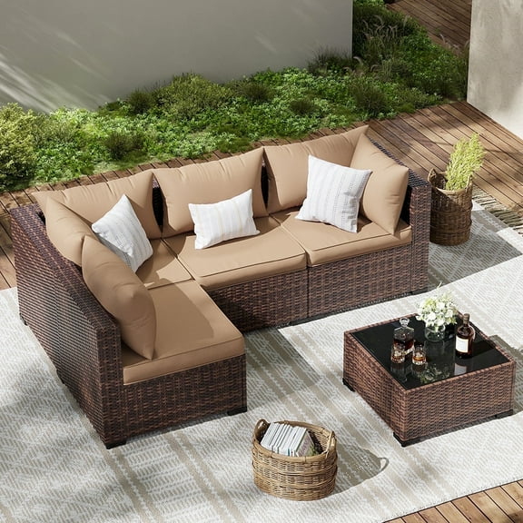 ELPOSUN Patio Furniture Set, Outdoor Patio Furniture Wicker Furniture Couch Set, 5 Pieces Outdoor Sectional Sofa, Patio Furniture Set, Outdoor Patio Set for Porch Furniture (Beige)
