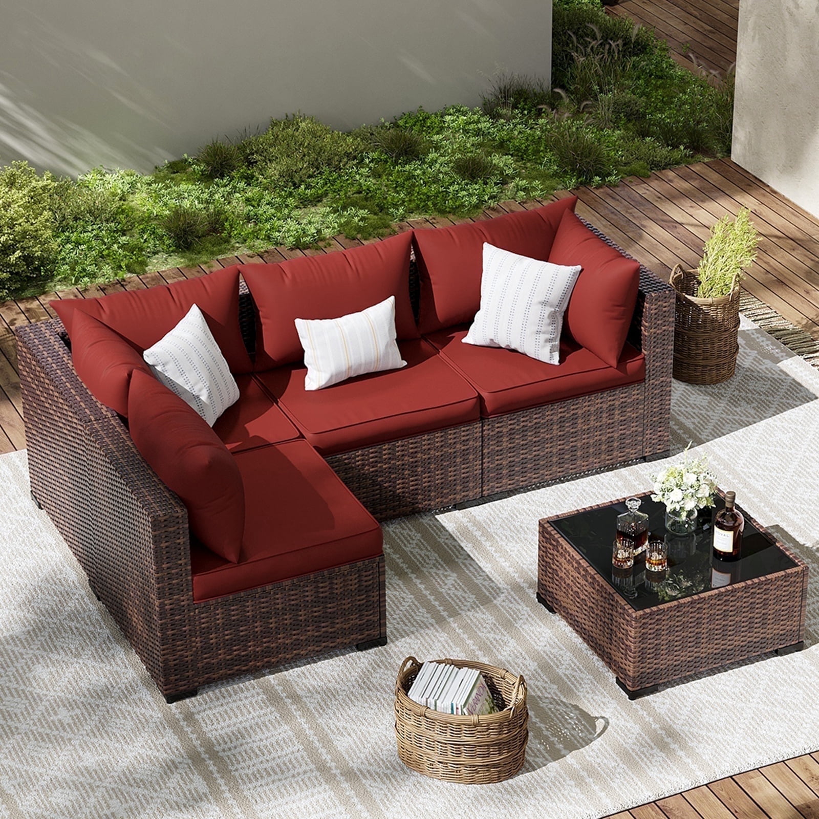 ELPOSUN 5-Piece Outdoor Patio Furniture Set with Wicker & Tempered Glass
