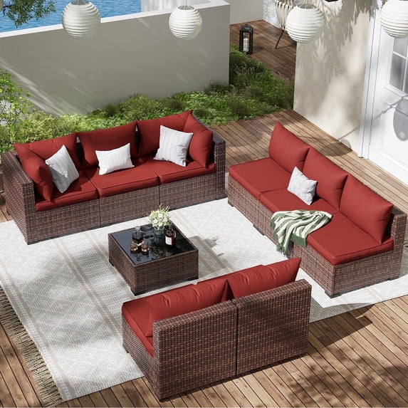 ELPOSUN Patio Furniture Set, Outdoor Patio Furniture Wicker Furniture Couch Set, 9 Pieces Outdoor Sectional Sofa, Patio Furniture Set, Outdoor Patio Set for Porch Furniture (Burgundy Red)