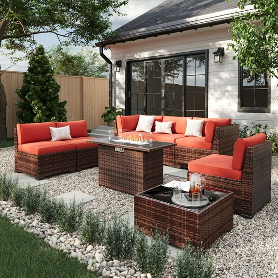 ELPOSUN 8 Pieces Patio Furniture Set with Fire Pit Table, Outdoor Furniture Sectional Rattan Sofa for Backyard Garden(Burgundy)