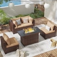 thumbnail image 1 of ELPOSUN Patio Furniture Set, Outdoor Patio Furniture Wicker Sectional Furniture Couch Set,5 Pieces Outdoor Sectional Sofa with Fire Pit Table, Outdoor Patio Set for Porch Furniture (Beige), 1 of 7