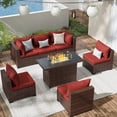 thumbnail image 1 of ELPOSUN Patio Furniture Set, Outdoor Patio Furniture Wicker Sectional Furniture Couch Set, 7 Pieces Outdoor Sectional Sofa with Fire Pit Table, Outdoor Patio Set for Outdoor Furniture (Burgundy Red), 1 of 7